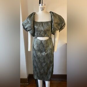 Rachel Comey Metallic Green Dress with Puff Sleeves